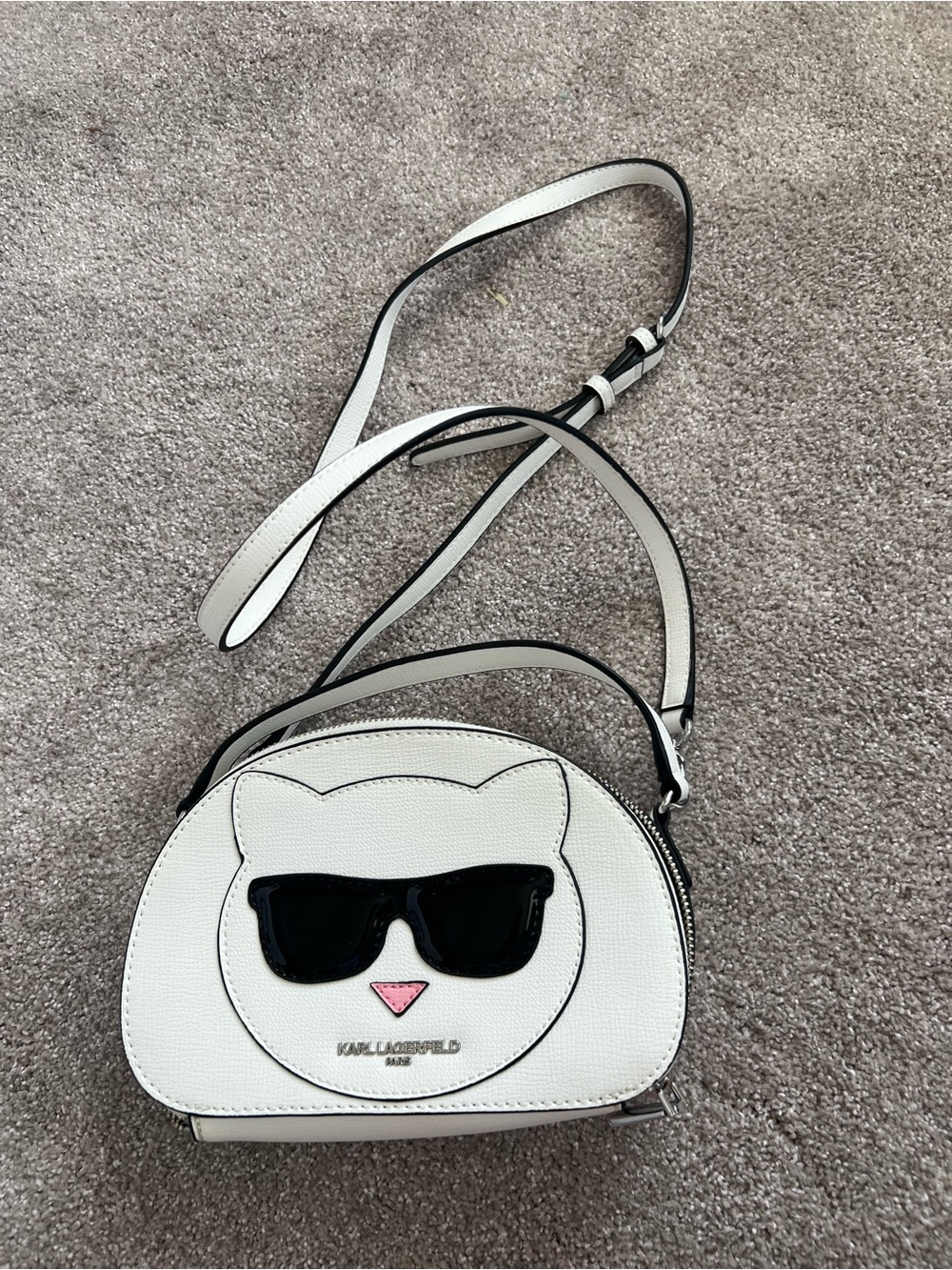 Karl Lagerfeld White Crossbody Bag with Cat Face and Black Sunglasses